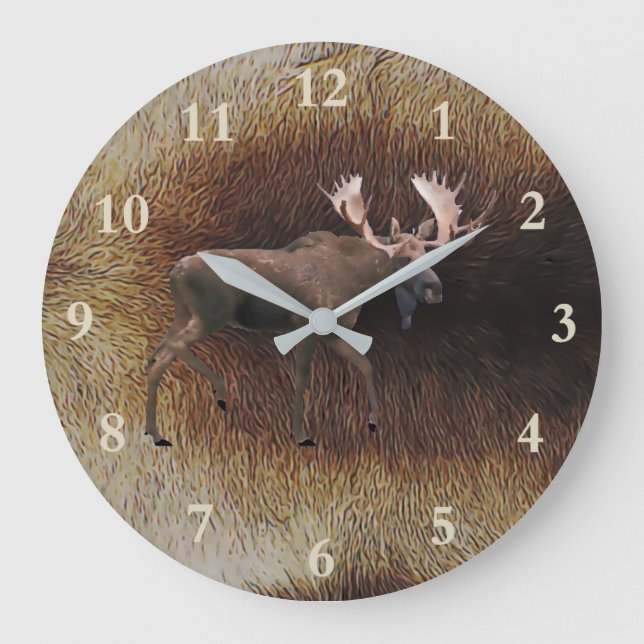 Bull Moose On Caribou Fur Large Clock (Front)
