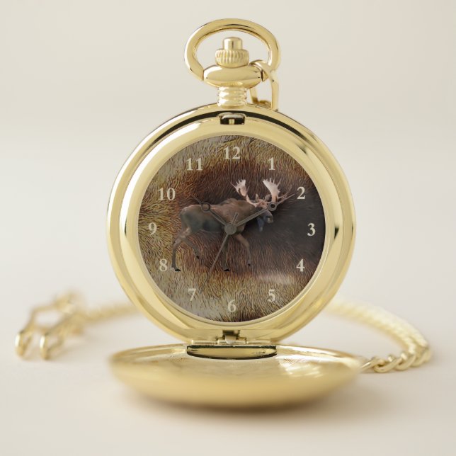 Bull Moose On Caribou Fur Pocket Watch (Inside)