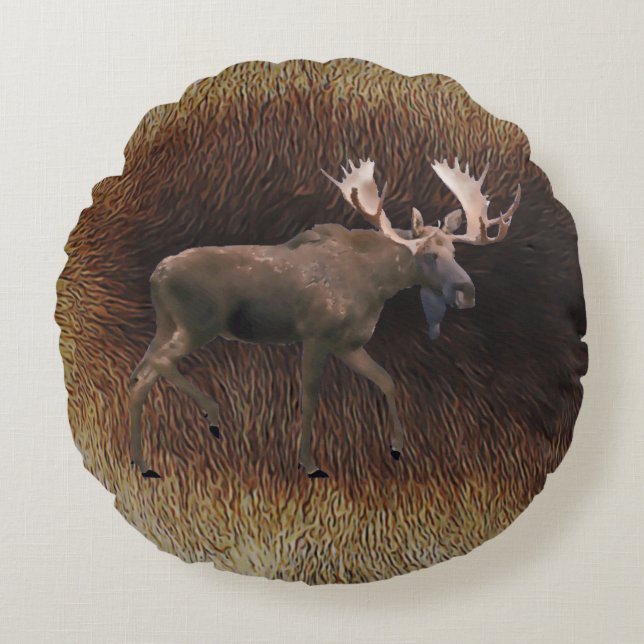 Bull Moose On Caribou Fur Round Pillow (Front)