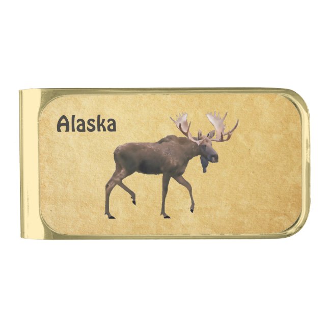 Bull Moose On Old Paper Gold Finish Money Clip (Front)