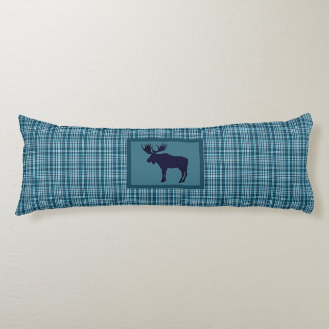 Bull Moose Standing Laying Blue Tartan Plaid  Body Pillow (Front)