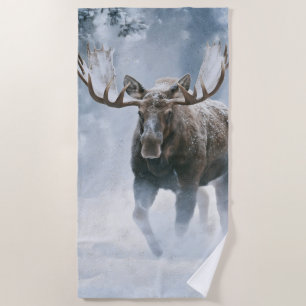 Bull Moose Walking Through Boreal Snow Beach Towel