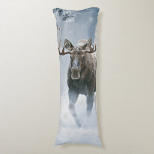 Bull Moose Walking Through Boreal Snow Body Pillow