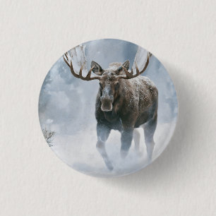 Bull Moose Walking Through Boreal Snow Button