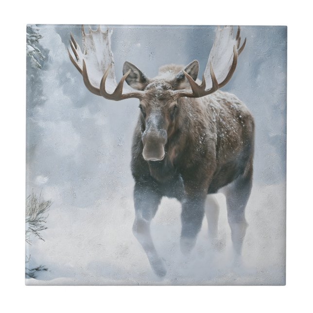 Bull Moose Walking Through Boreal Snow Ceramic Tile (Front)