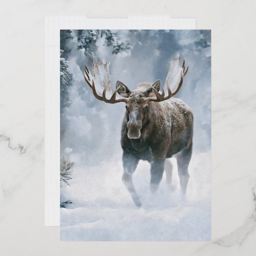 Bull Moose Walking Through Boreal Snow Foil Invitation