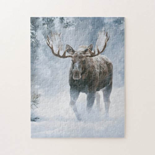 Bull Moose Walking Through Boreal Snow Jigsaw Puzzle
