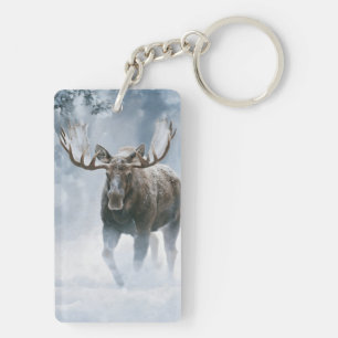 Bull Moose Walking Through Boreal Snow Keychain