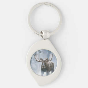 Bull Moose Walking Through Boreal Snow Keychain