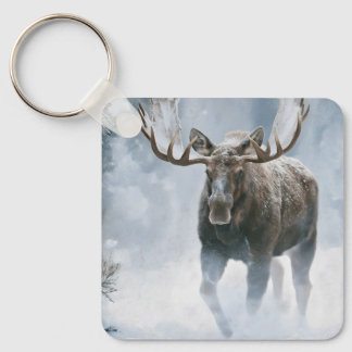 Bull Moose Walking Through Boreal Snow Keychain