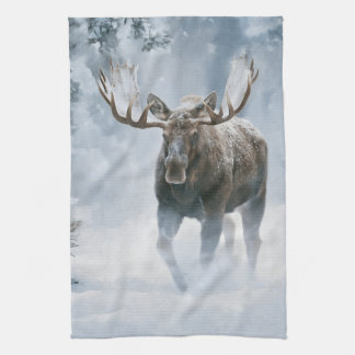 Bull Moose Walking Through Boreal Snow Kitchen Towel
