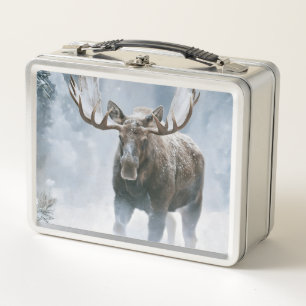 Bull Moose Walking Through Boreal Snow Metal Lunch Box