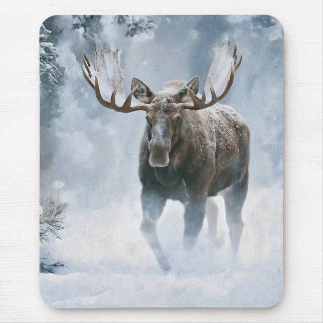 Bull Moose Walking Through Boreal Snow Mouse Pad (Front)