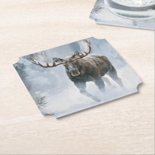 Bull Moose Walking Through Boreal Snow Paper Coaster