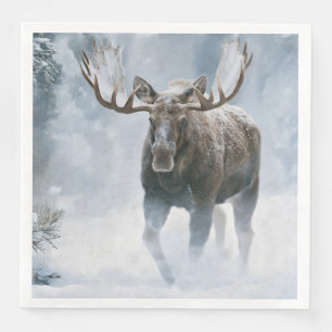 Bull Moose Walking Through Boreal Snow Paper Dinner Napkins