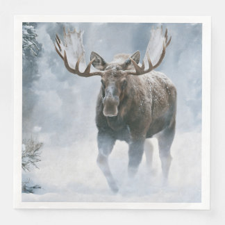 Bull Moose Walking Through Boreal Snow Paper Dinner Napkins