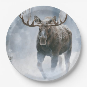 Bull Moose Walking Through Boreal Snow Paper Plates