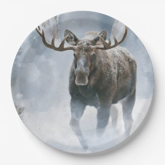 Bull Moose Walking Through Boreal Snow Paper Plates