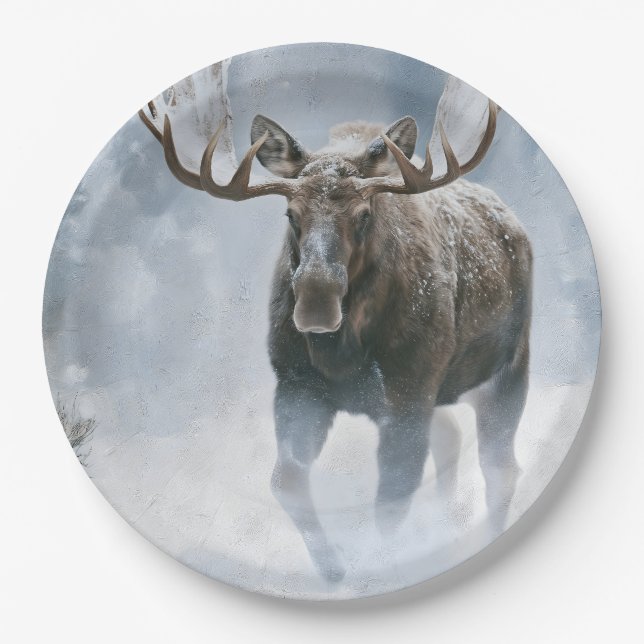 Bull Moose Walking Through Boreal Snow Paper Plates (Front)