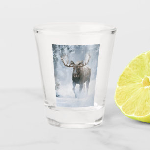 Bull Moose Walking Through Boreal Snow Shot Glass