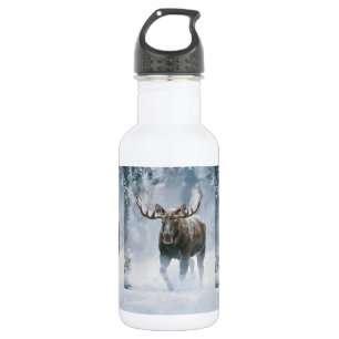 Bull Moose Walking Through Boreal Snow Stainless Steel Water Bottle