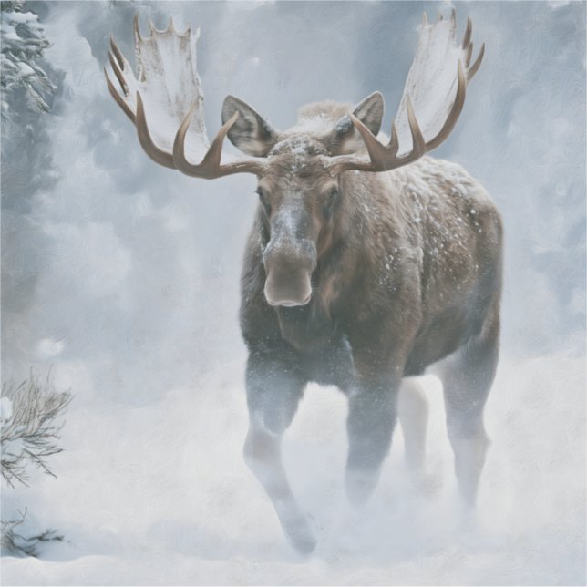 Bull Moose Walking Through Boreal Snow Sticker (Front)