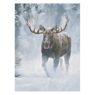 Bull Moose Walking Through Boreal Snow Tablecloth
