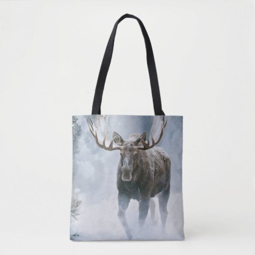 Bull Moose Walking Through Boreal Snow Tote Bag