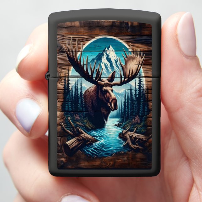 Bull Moose Wood Art Zippo Lighter (In Hand)
