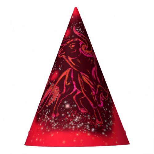 Bull Paper Party Hat Running In Red Starry Night