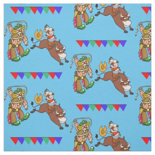 Bull Rider and Rodeo Clown With Flags Fabric