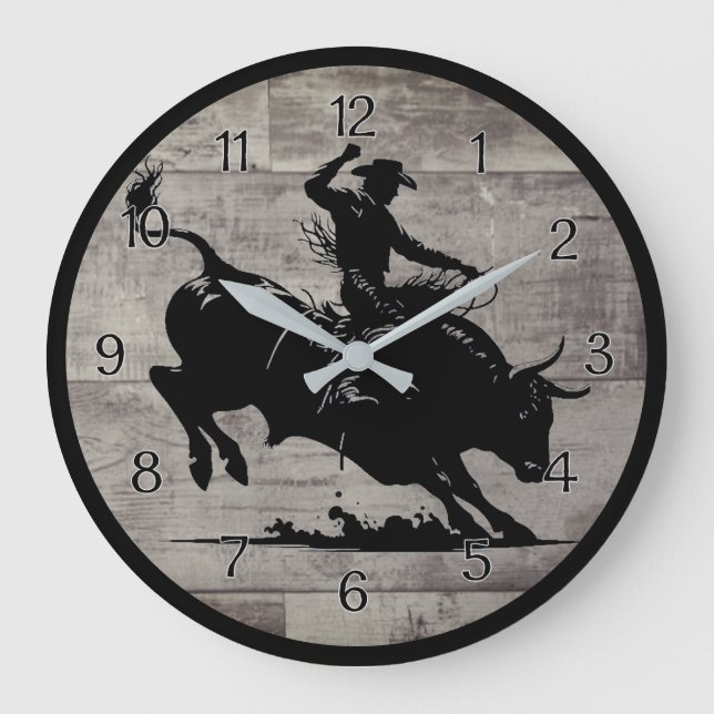  Bull Rider Rodeo Rustic Round Large Clock (Front)