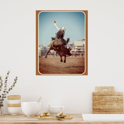 Bull Riding Cowboy Country Western Vintage Style Poster