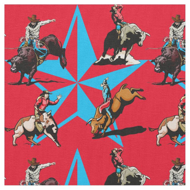 Bull Riding Cowboys Rodeo Western Fabric (Close Up)