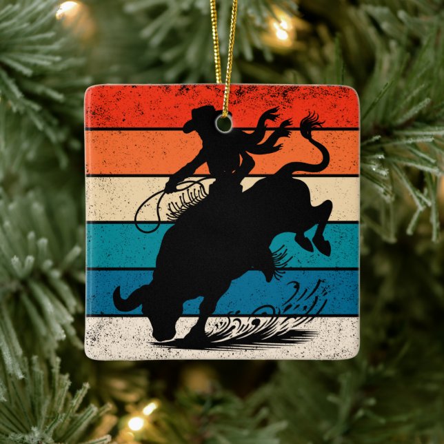 Bull Riding Rodeo Bull Riders Western Ranch Retro Ceramic Ornament (Tree)