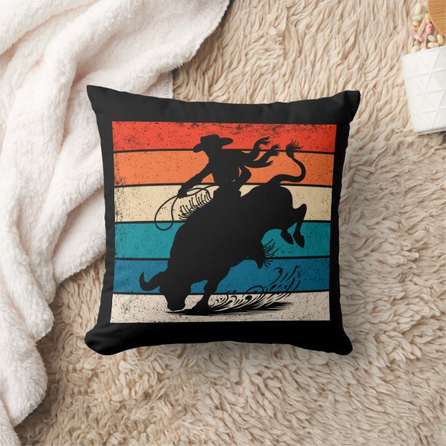 Bull Riding Rodeo Bull Riders Western Ranch Retro Throw Pillow (Blanket)