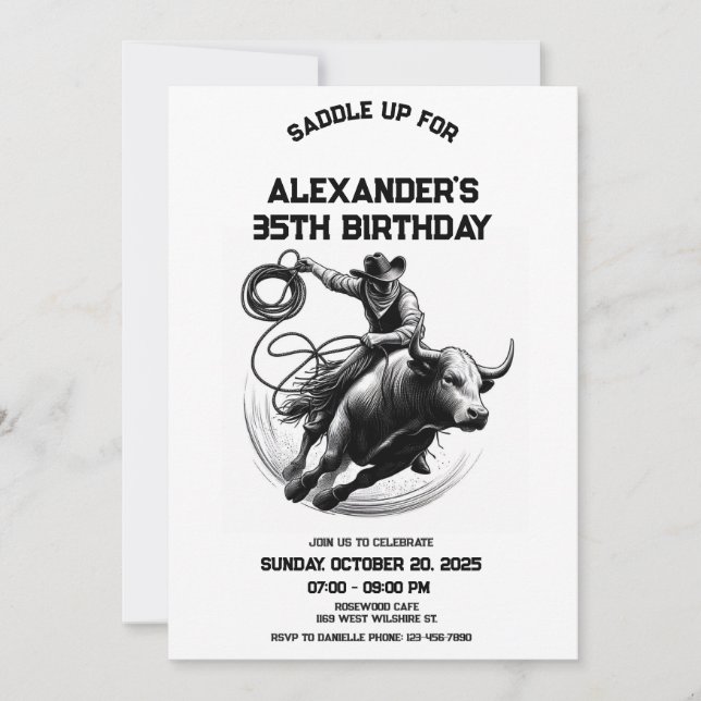 Bull Rodeo Birthday Invitation, Cowboy Birthday Invitation (Front)