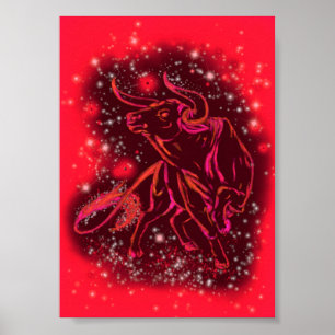 Bull Running At Red Starry Night Poster