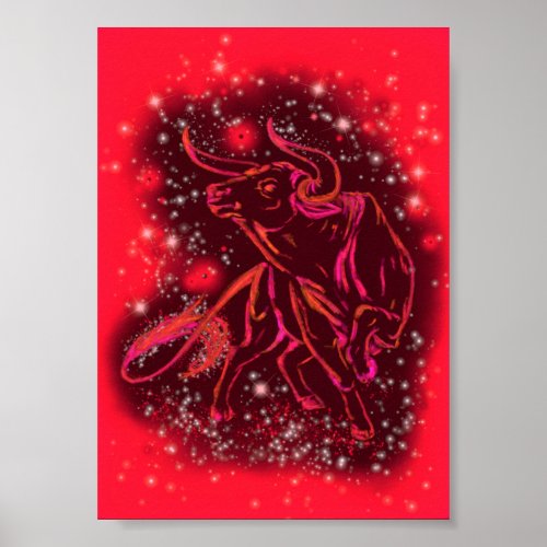 Bull Running At Red Starry Night Poster