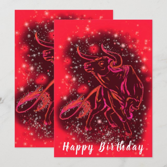 Bull Running In Red Starry Night Birthday Card (Front/Back)