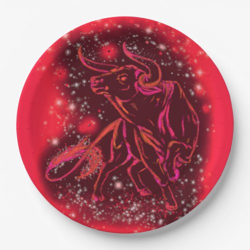 Bull Running In Red Starry Night Paper Plates