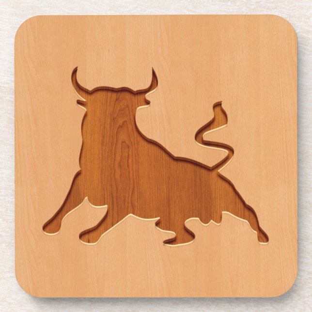 Bull silhouette engraved on wood design drink coaster (Front)