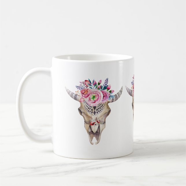 Bull Skull And Colorful Roses And Buds Coffee Mug (Left)