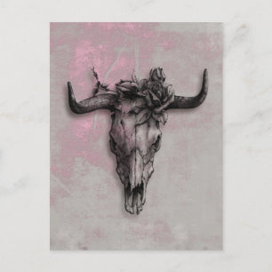 Bull Skull and Rose and Gray Pink Abstract Art Postcard