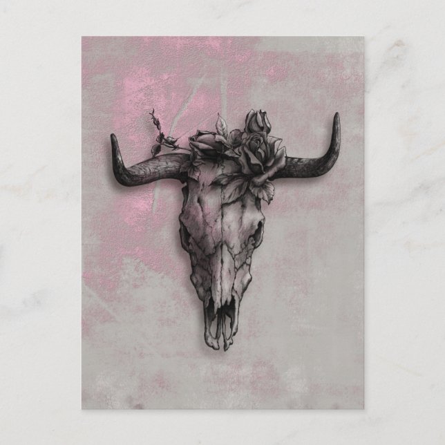 Bull Skull and Rose and Gray Pink Abstract Art Postcard (Front)