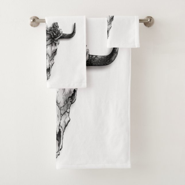 Bull Skull and Rose black and white Bath Towel Set (Insitu)