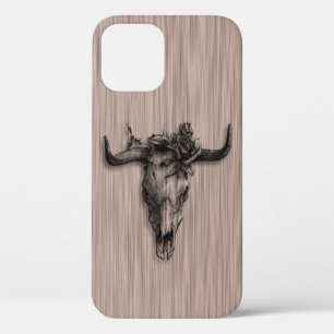 Bull Skull and Rose on Fiber patterned background iPhone 12 Case