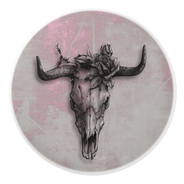 Bull Skull and Rose on Rustic Pink Gray background Ceramic Knob (Front)