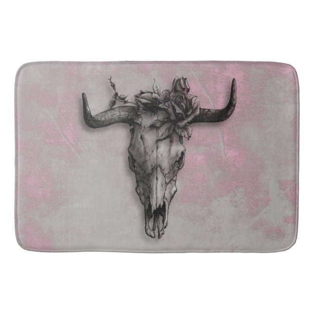Bull Skull and Rose Rustic Pink Gray Bath Mat (Front)