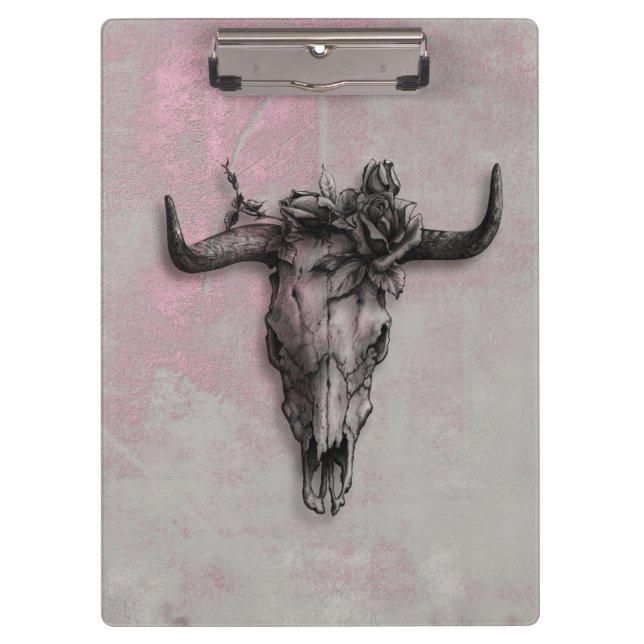 Bull Skull and Rose Rustic Pink Gray Clipboard (Front)